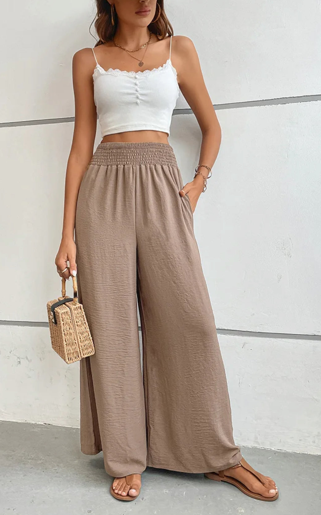 beige palazzo pants model