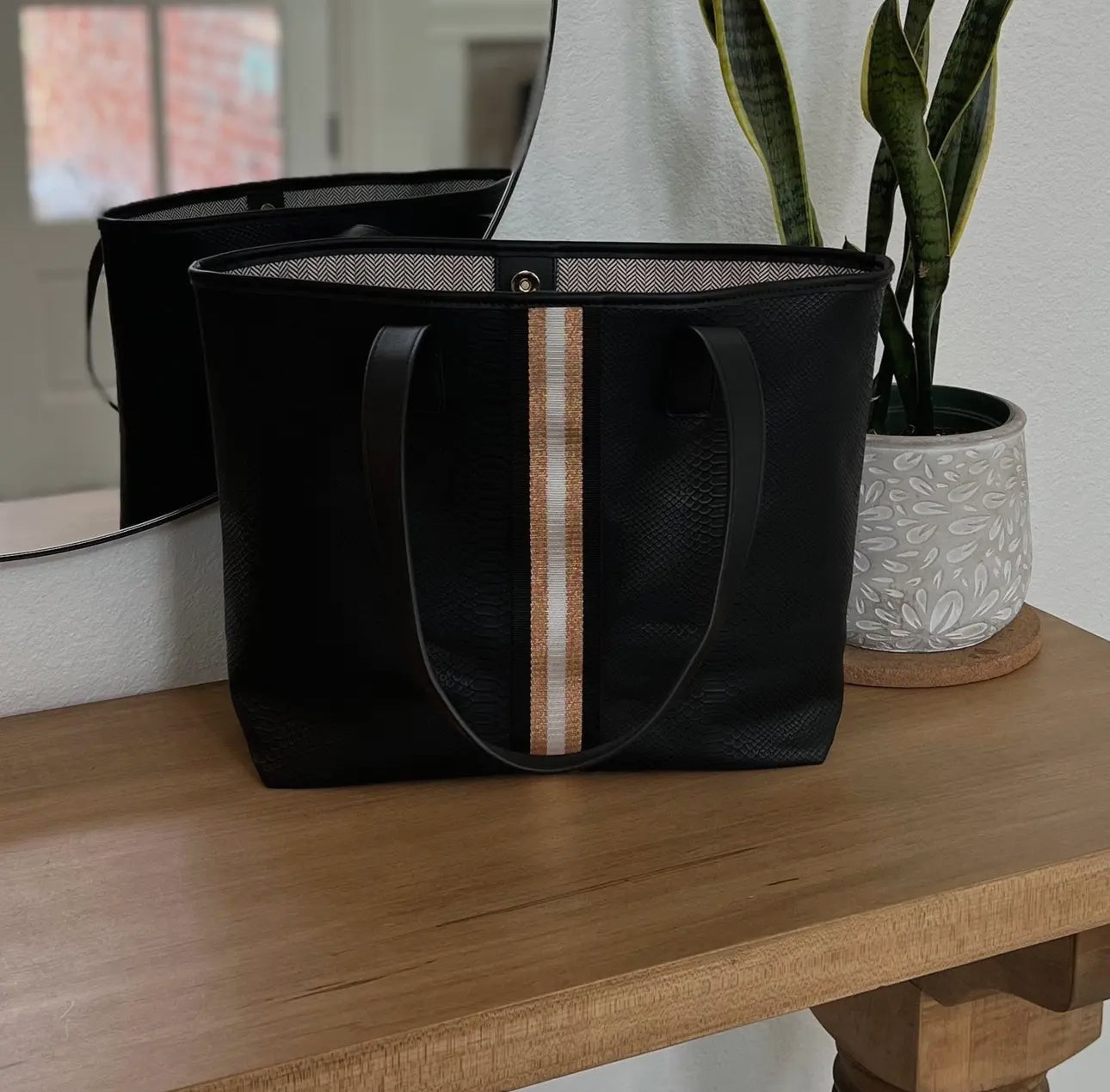 black metallic striped tote