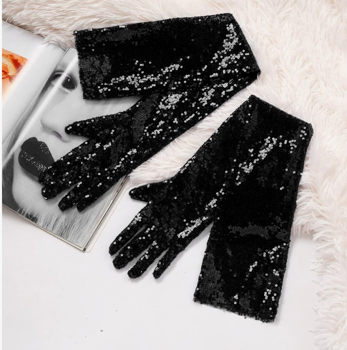 black sequin gloves